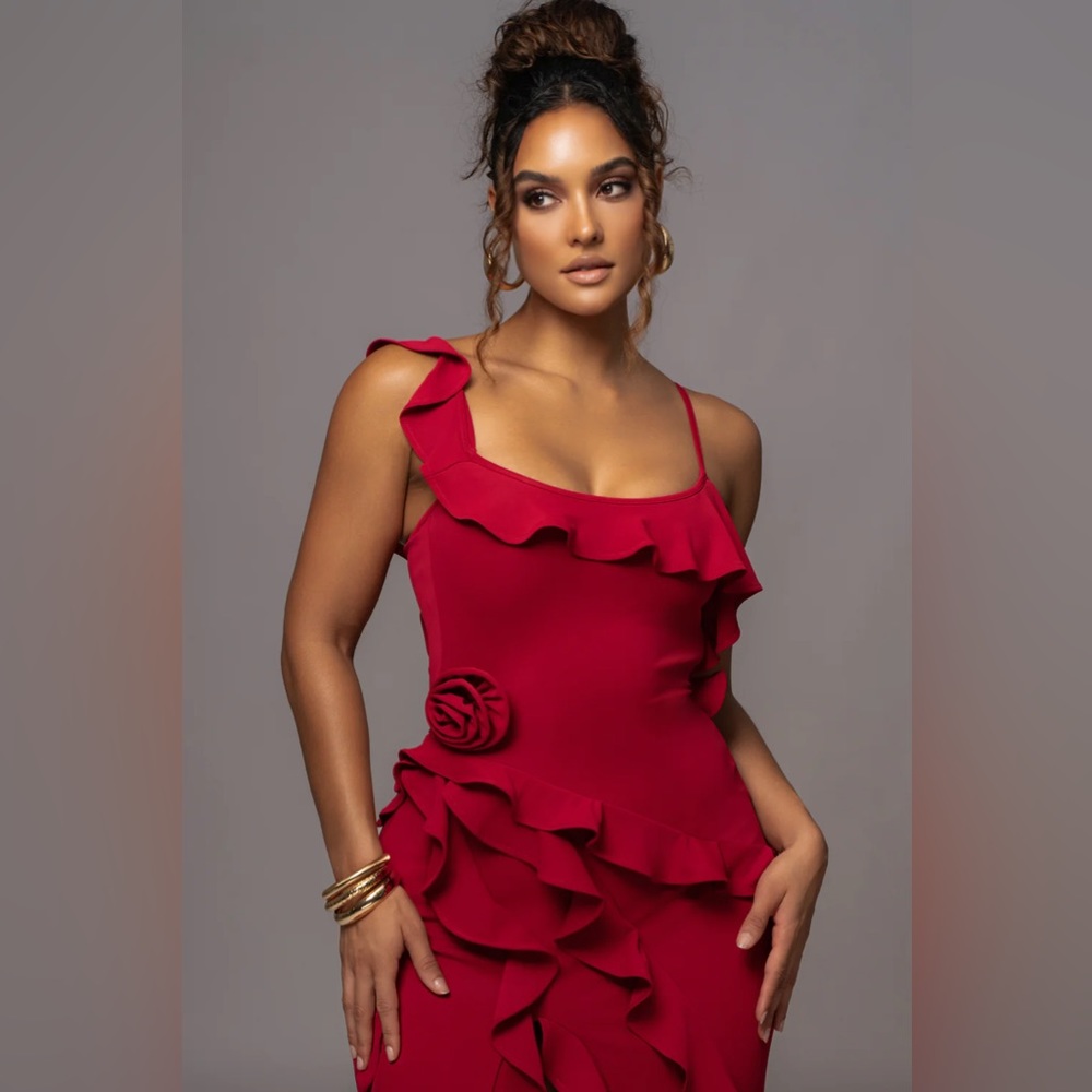 RED BRENNA RUFFLE MAXI DRESS